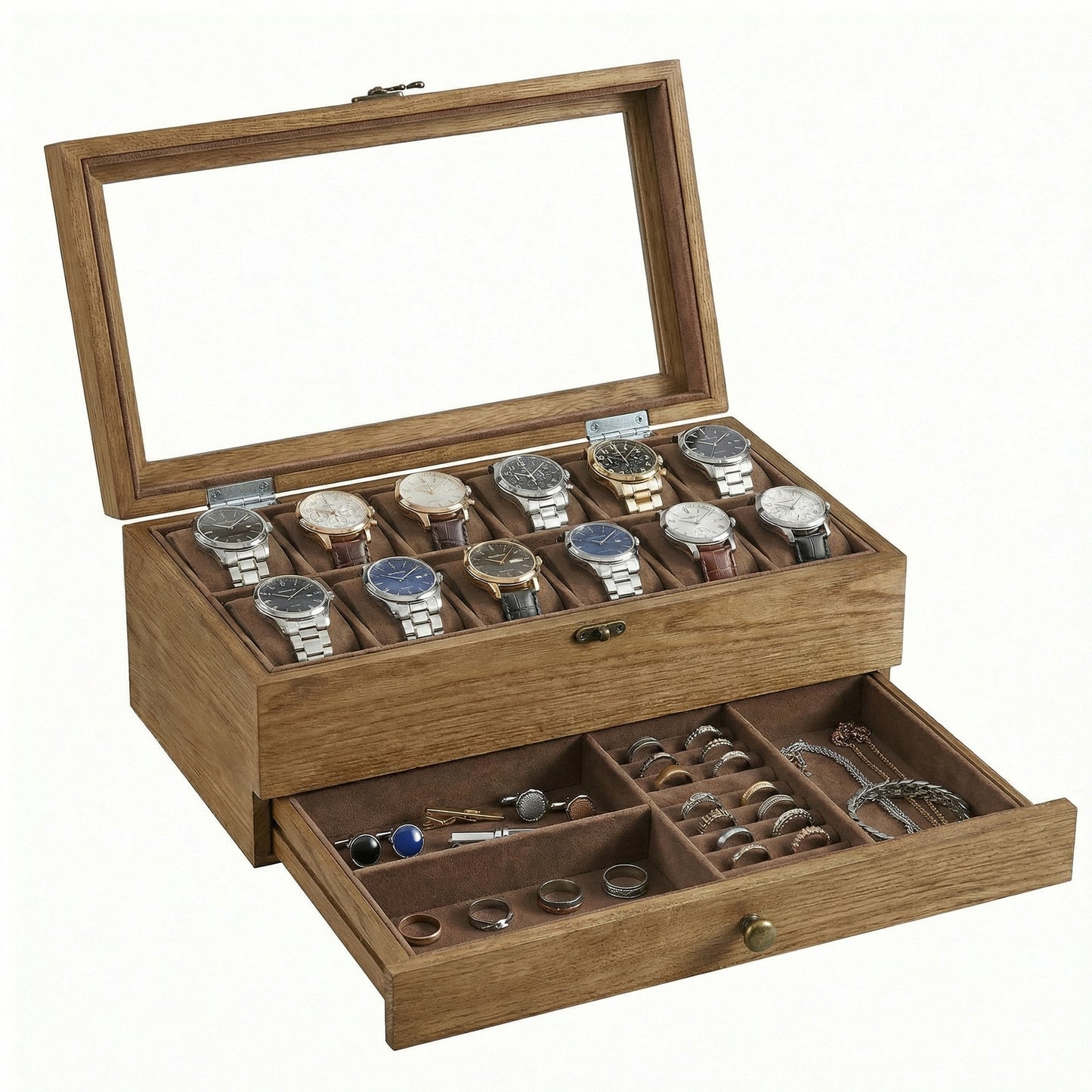 Scatola per Orologi, Porta Orologi in Legno, Scatola Portaorologi a 2 Livelli, 12 Posti, con Coperchio in Vetro, Cuscinetti per Orologi, Rivestimento in Velluto, scatola di conservazione a grande capacità per la casa, scelta ideale per i regali, scomparti