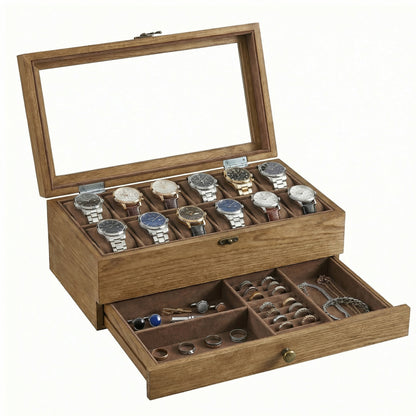 Scatola per Orologi, Porta Orologi in Legno, Scatola Portaorologi a 2 Livelli, 12 Posti, con Coperchio in Vetro, Cuscinetti per Orologi, Rivestimento in Velluto, scatola di conservazione a grande capacità per la casa, scelta ideale per i regali, scomparti