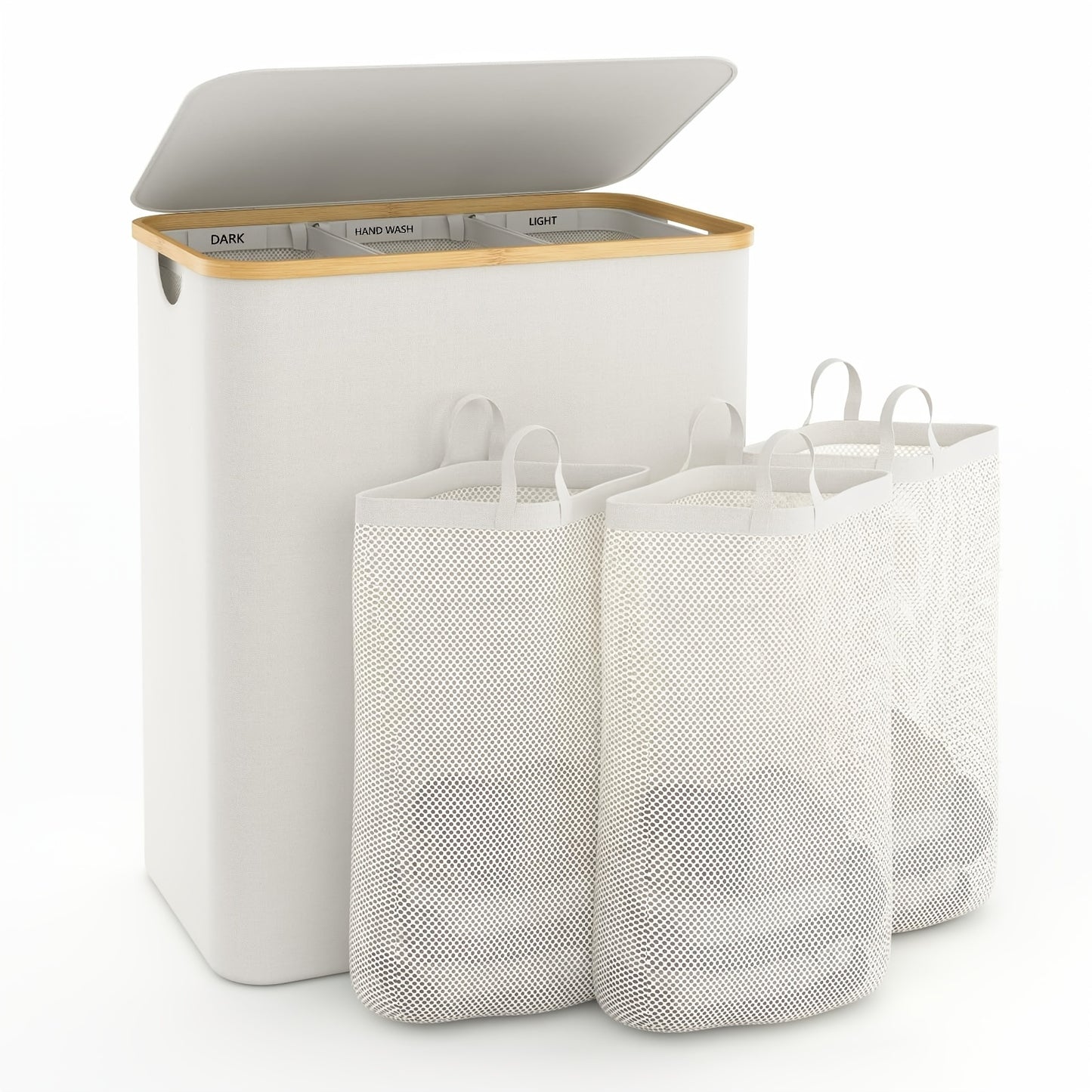 Cesto per Biancheria Riciclabile 160L, 3 Sacchetti Interni Rimovibili, 5 Etichette di Classificazione, Nero/Beige, Ideale per Piccoli Appartamenti, Dormitori Studenteschi, Bambù, Cesti per Biancheria