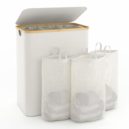 Cesto per Biancheria Riciclabile 160L, 3 Sacchetti Interni Rimovibili, 5 Etichette di Classificazione, Nero/Beige, Ideale per Piccoli Appartamenti, Dormitori Studenteschi, Bambù, Cesti per Biancheria
