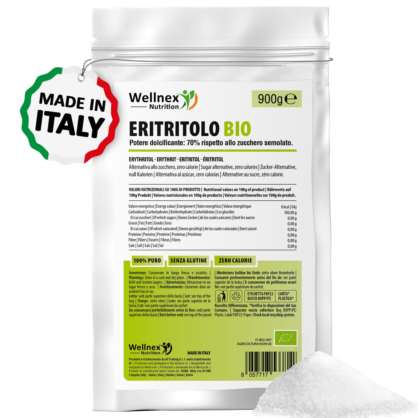 Eritritolo Biologico Puro - Eritritolo in polvere, Alternativa allo Zucchero | Dolcificante zero calorie | Wellnex Nutrition