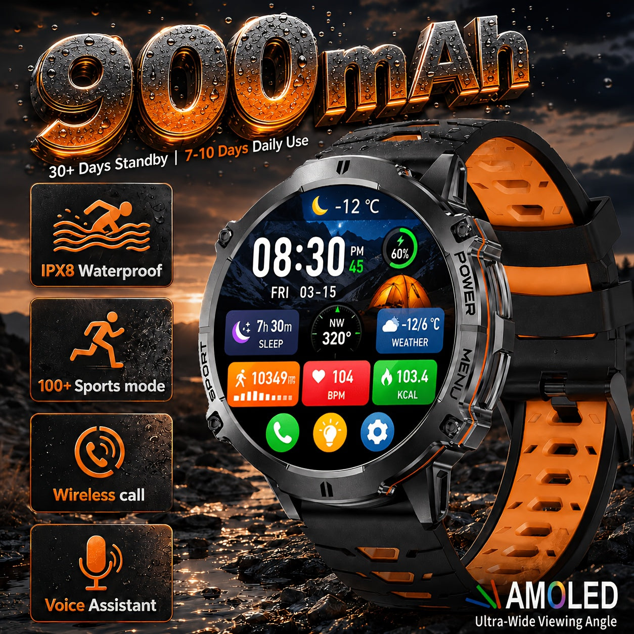 Smartwatch LIGE da uomo, schermo touch AMOLED da 1,73 pollici, batteria da 900mAh, IPX8, chiamate/messaggi wireless/avvisi/previsioni meteo/riproduzione musica/fotocamera remota, 110+ modalità sportive per iPhone/Android, cinturino in silicone, nero, rega
