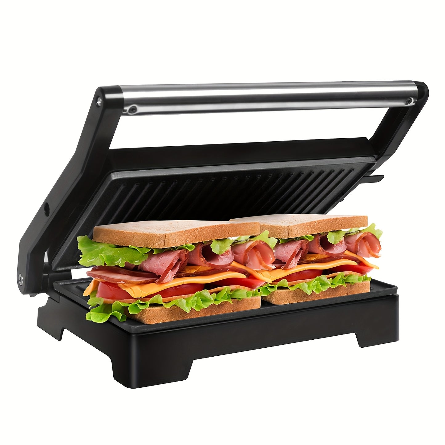 Griglia da tavolo, paniniere e sandwich maker, piastre a doppia griglia, contatto grill aperto a 180 gradi, 1000 W, rivestimento antiaderente, manici isolati, alloggiamento in acciaio inossidabile