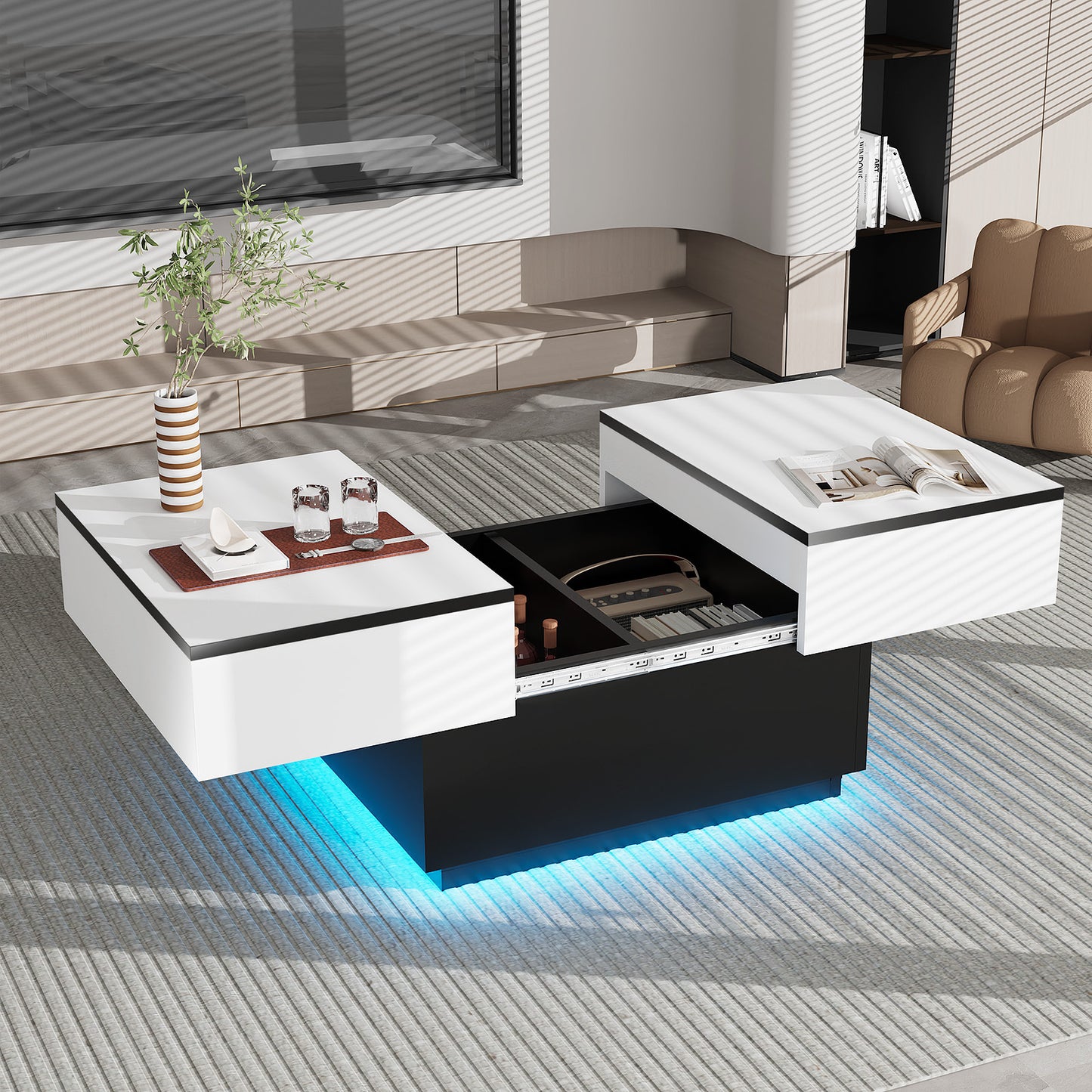 Tavolino da caffè bianco, Tavolino da salotto, Tavolino con 2 ripiani portaoggetti, 80x58x40 cm, Piano estendibile con striscia luminosa RGB, Mobile moderno per soggiorno, Sala riunioni