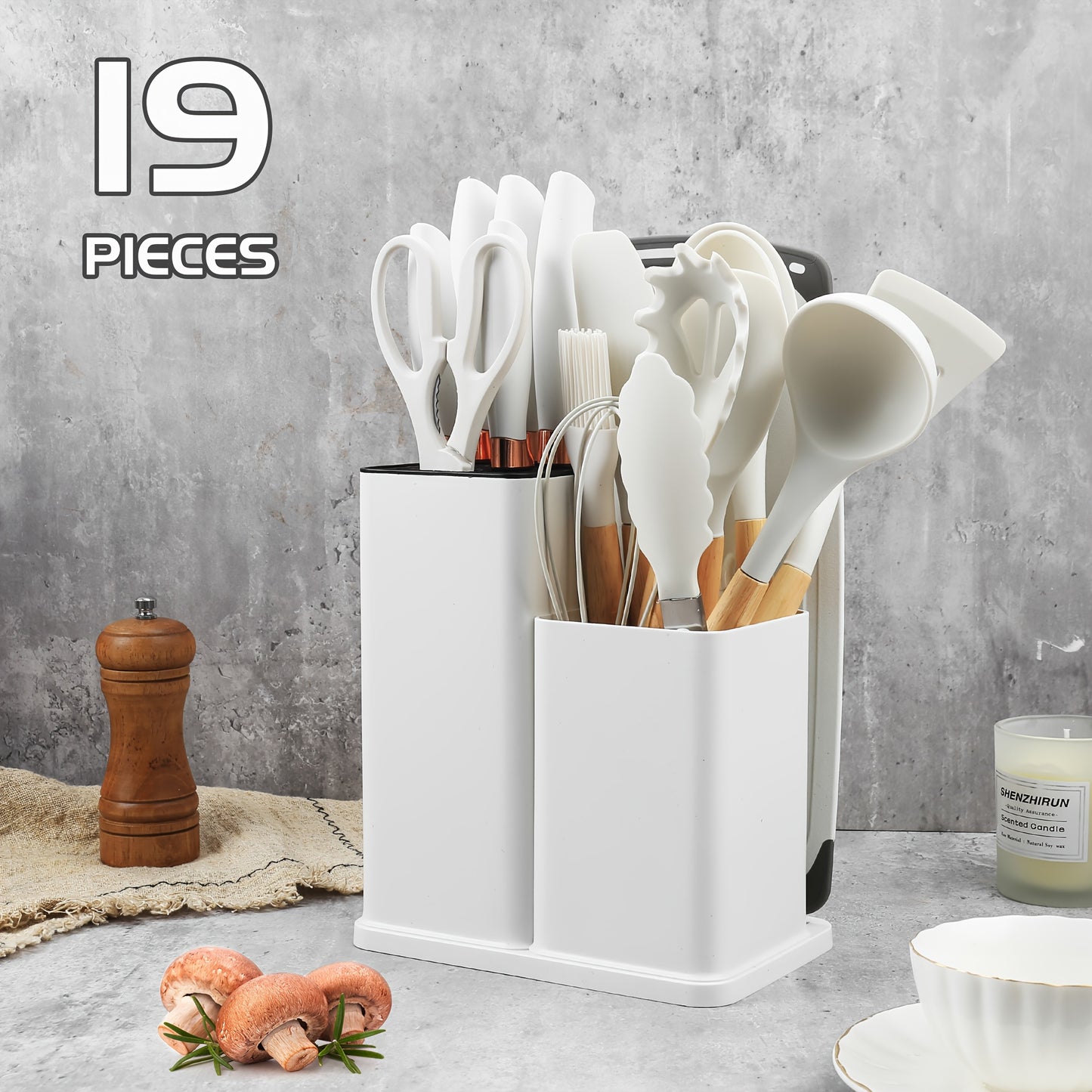 Set da 19 pezzi, Coltello da cucina, Set da cucina, Set di utensili da cucina (con manici in legno), Set di cottura di sicurezza, Set di utensili da cucina antiaderenti, Pentole moderne lavabili, Utensili da cucina, Adatto per regali di Natale e Halloween
