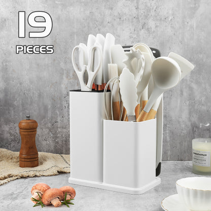 Set da 19 pezzi, Coltello da cucina, Set da cucina, Set di utensili da cucina (con manici in legno), Set di cottura di sicurezza, Set di utensili da cucina antiaderenti, Pentole moderne lavabili, Utensili da cucina, Adatto per regali di Natale e Halloween