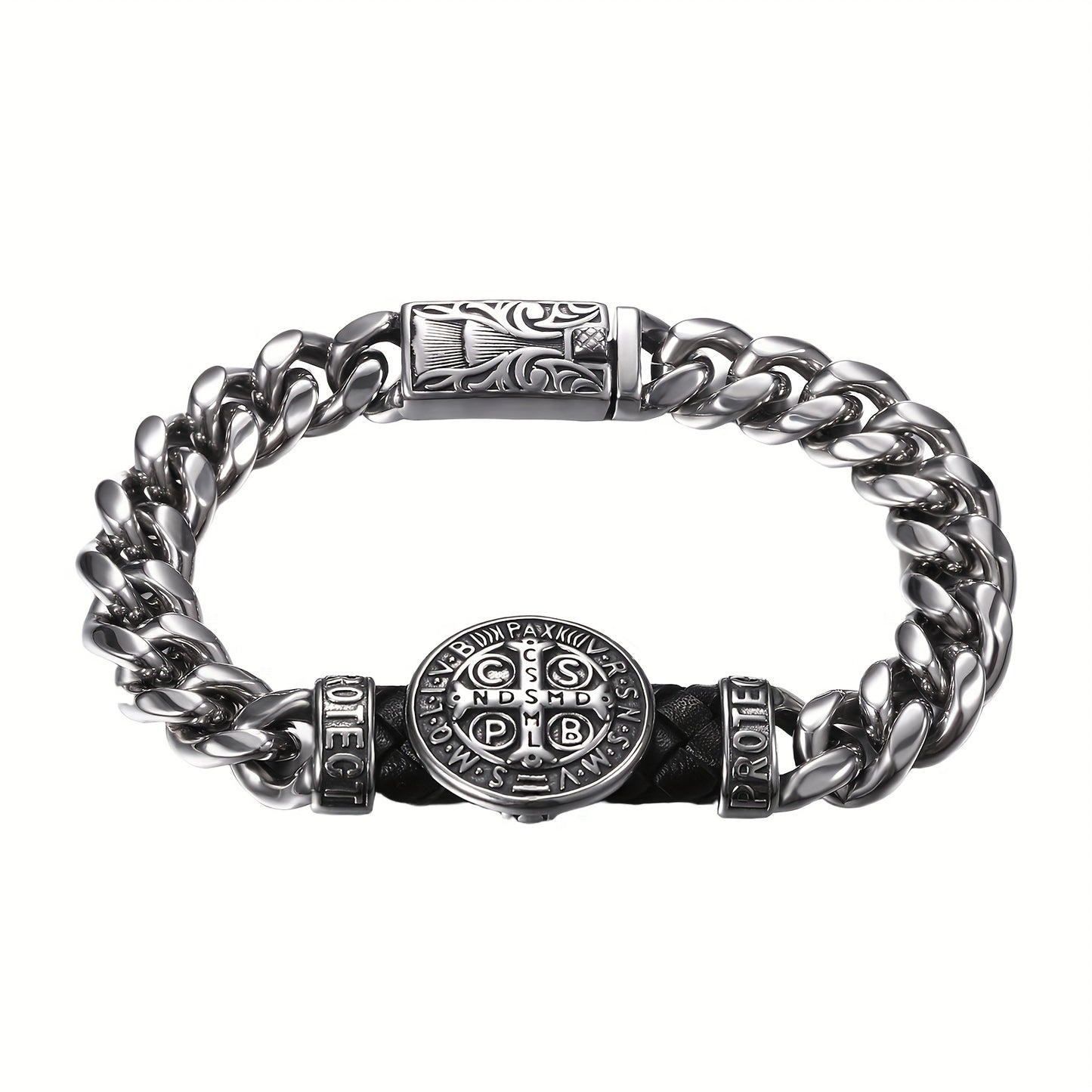 Bracciale di San Benedetto: Braccialetto in Acciaio Inossidabile con Catena Cubana da 9 Pollici - Medaglia di San Benedetto, Bracciale Cattolico Uomo, Catena Pesante Argentata per Biker