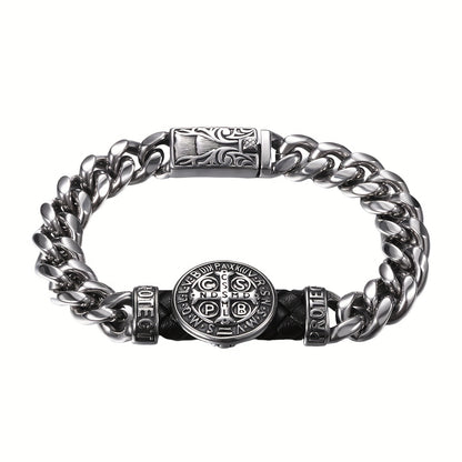 Bracciale di San Benedetto: Braccialetto in Acciaio Inossidabile con Catena Cubana da 9 Pollici - Medaglia di San Benedetto, Bracciale Cattolico Uomo, Catena Pesante Argentata per Biker