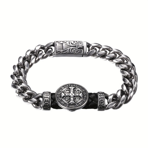 Bracciale di San Benedetto: Braccialetto in Acciaio Inossidabile con Catena Cubana da 9 Pollici - Medaglia di San Benedetto, Bracciale Cattolico Uomo, Catena Pesante Argentata per Biker