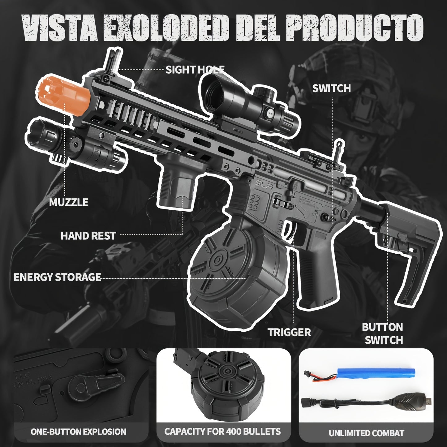 Lanciatore di Sfere di Gel, Blaster Automatico Giocattolo [Aggiornamento ad Alta Velocità 7.4V] con Clip per Proiettili, Tamburo, Mirino Olografico - Sfere di Gel Non Incluse. Regali Ideali per Natale e il Ringraziamento!