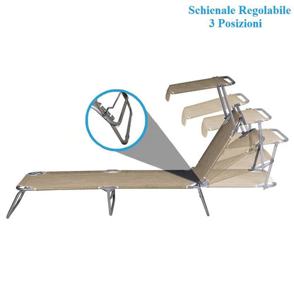 2 Lettini Prendisole Pieghevoli con Tetto Parasole, Misura 180x55x90 cm, Tessuto Textilene, Struttura Metallo Tubolare da 18mm, per Spiaggia, Piscina, Giardino, Peso Max 120kg