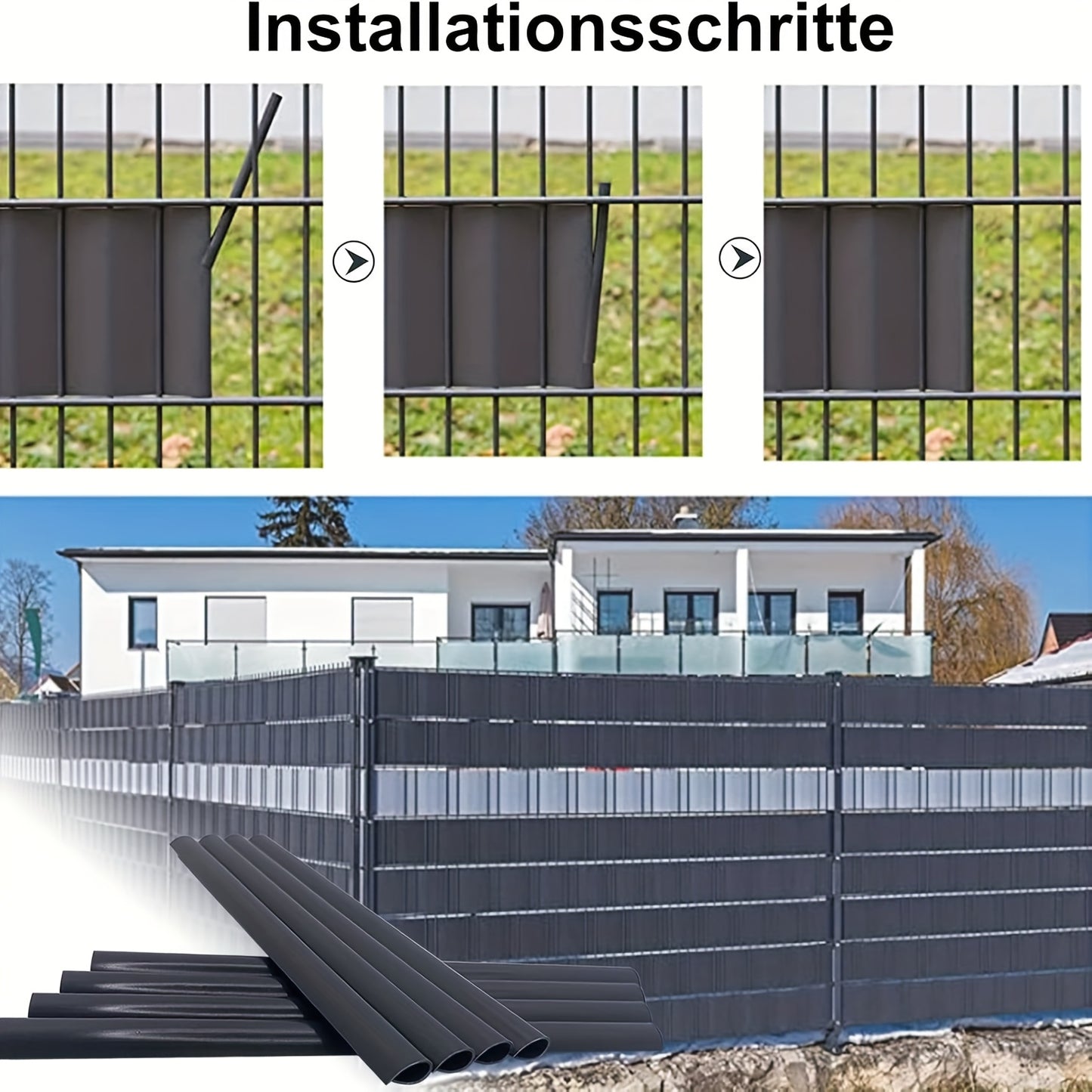 72 pezzi di strisce oscuranti in PVC con guide di fissaggio, progettate per essere utilizzate come schermatura antivento o oscurante per giardini e recinzioni, inclusi clip di fissaggio per recinzioni a doppio filo in colore antracite
