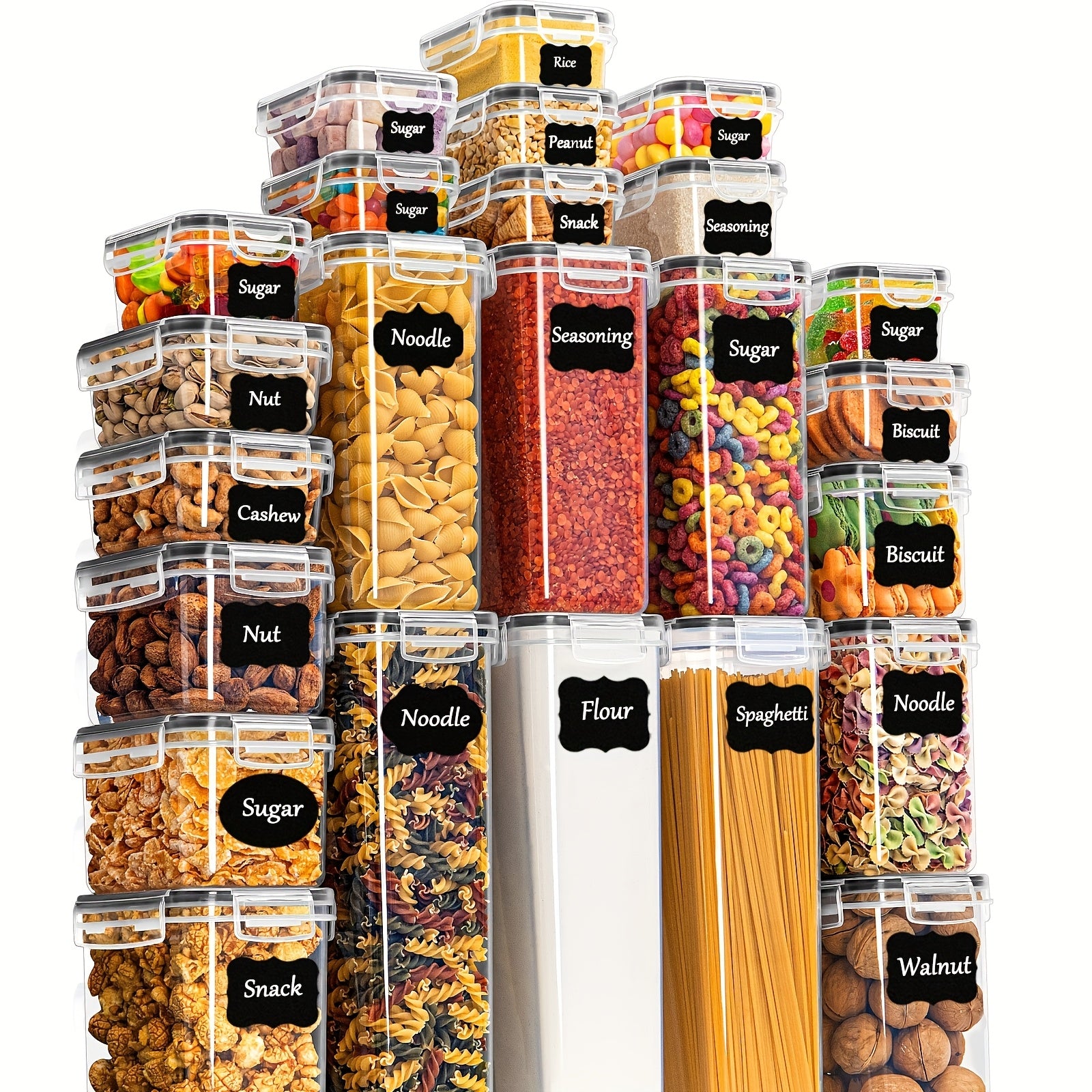 Set di 24 contenitori ermetici per alimenti con coperchi per l'organizzazione e lo stoccaggio in cucina, set di barattoli in plastica per cereali, pasta, farina e zucchero, etichette e pennarello
