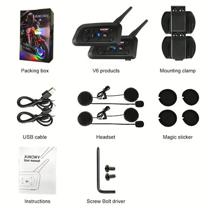 XINOWY V6 Interfono Moto 1/2 pezzi 3.5Mm Casco Wireless Auricolare Interfono per 6 Motociclisti 1200M Conversazione 850Mah DPS Riduzione del Rumore Mani Libere Stereo Musica Adatto a Tutti i Tipi di Caschi