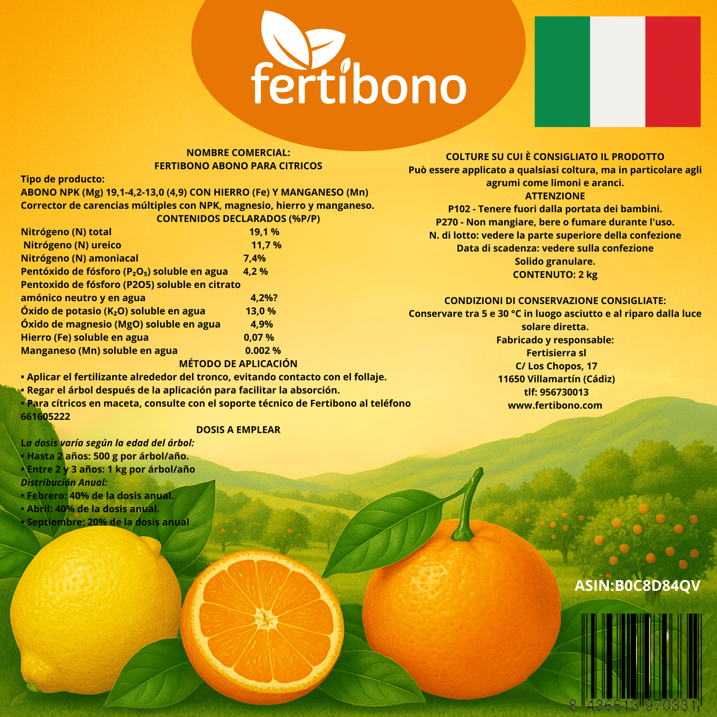 Fertilizzante Speciale per Agrumi per Alberi di Limone e Arancio, (2KG), 20-5-11 con Ferro, Calcio, Solfuro, Magnesio e Manganese - Correttore di Mancanza Multipla