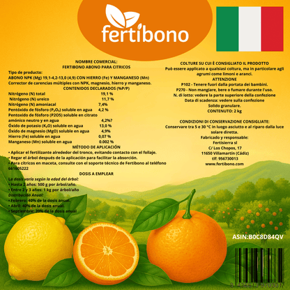 Fertilizzante Speciale per Agrumi per Alberi di Limone e Arancio, (2KG), 20-5-11 con Ferro, Calcio, Solfuro, Magnesio e Manganese - Correttore di Mancanza Multipla