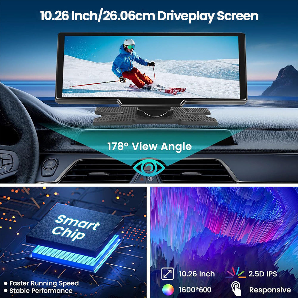 PODOFO 26.06cm Wireless Carplay Android Auto, Autoradio Portatile con Dash Cam 2.5K, Telecamera di Backup 1080P, Navigazione Car Play Controllo Vocale, Chiamata/Musica a Mani Libere, Trasmettitore AUX/FM, Scheda TF 64GB Gratuita, Regali di Buon Natale, Re