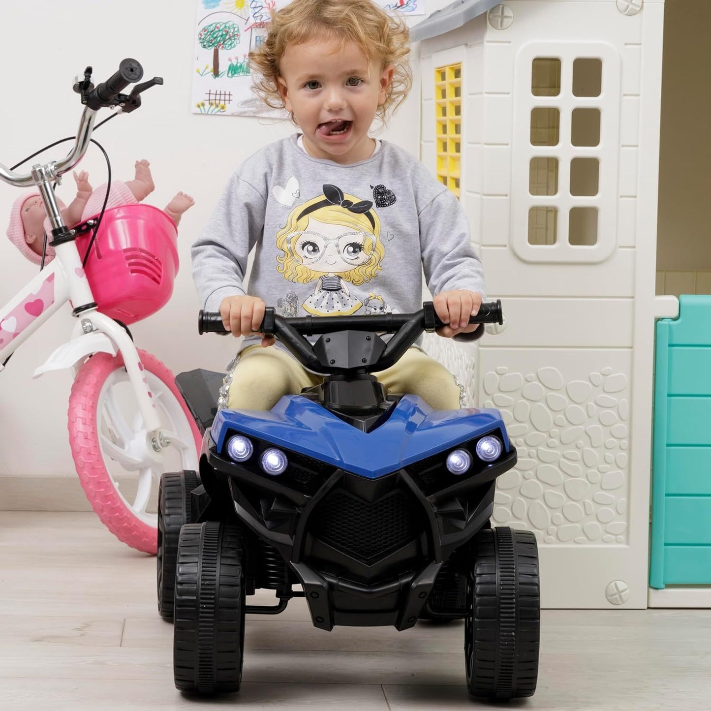 Baroni Toys Quad Elettrico per Bambini 3+ anni con Manubrio Sterzante, Musica e Luci Funzionanti, Quad con Modalità Avanti/Retro, Facile da Montare, 70x42x45 cm