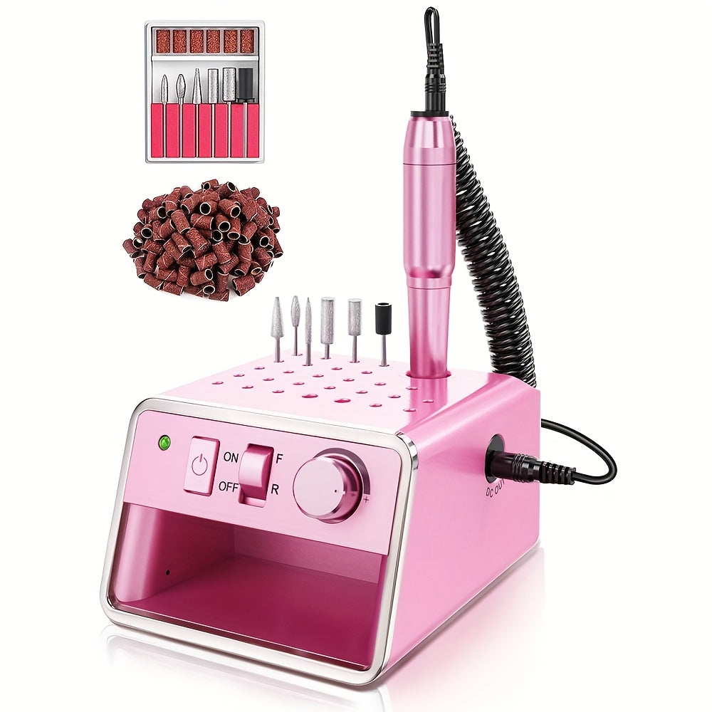 Kit Portatile per Trapano Unghie Elettrico 20.000 RPM con Multiple Frese e Strisce Leviganti, Per la Rimozione di Acrilici Gel Polishing Nail Salon Casa, Rosa