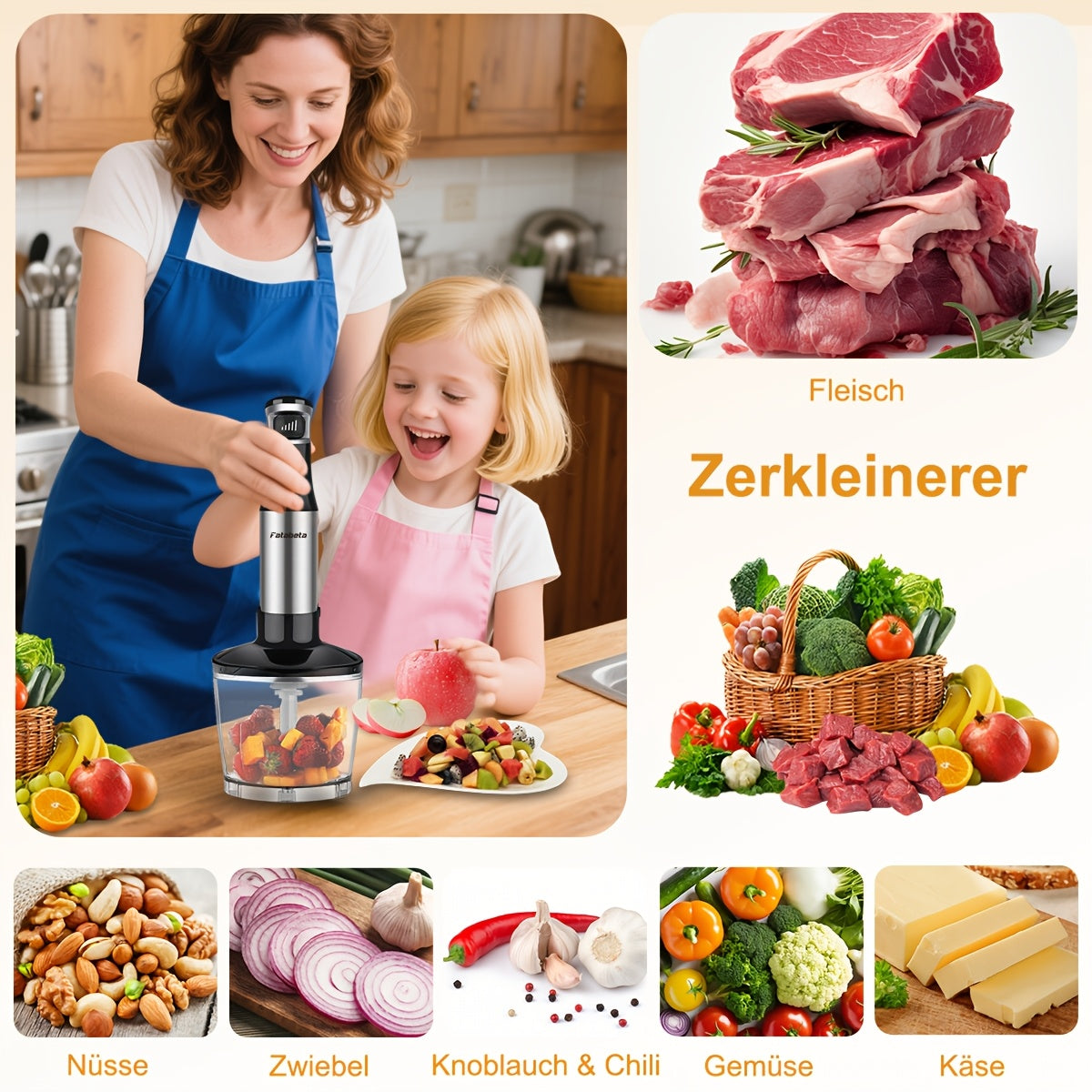 Frullatore a immersione portatile 6 in 1 - Frullatore a immersione in acciaio inossidabile con 5 velocità, tritatutto, frusta e montalatte per carne, purè di patate e pappe
