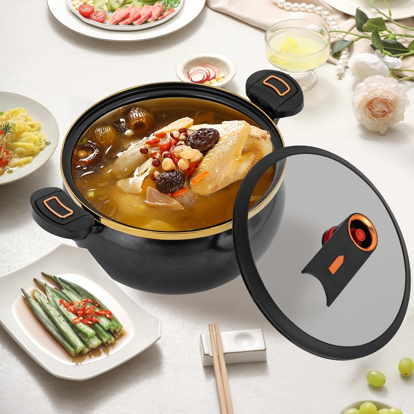 Pentola multiuso a doppia maniglia da 7 litri, disponibile in tre colori, con una generosa capacità di 25,4 cm, in ferro spesso, con coperchio in vetro e bordo dorato. Perfetta per zuppe, stufati e altro, ideale come regalo di Halloween e Natale in un mag