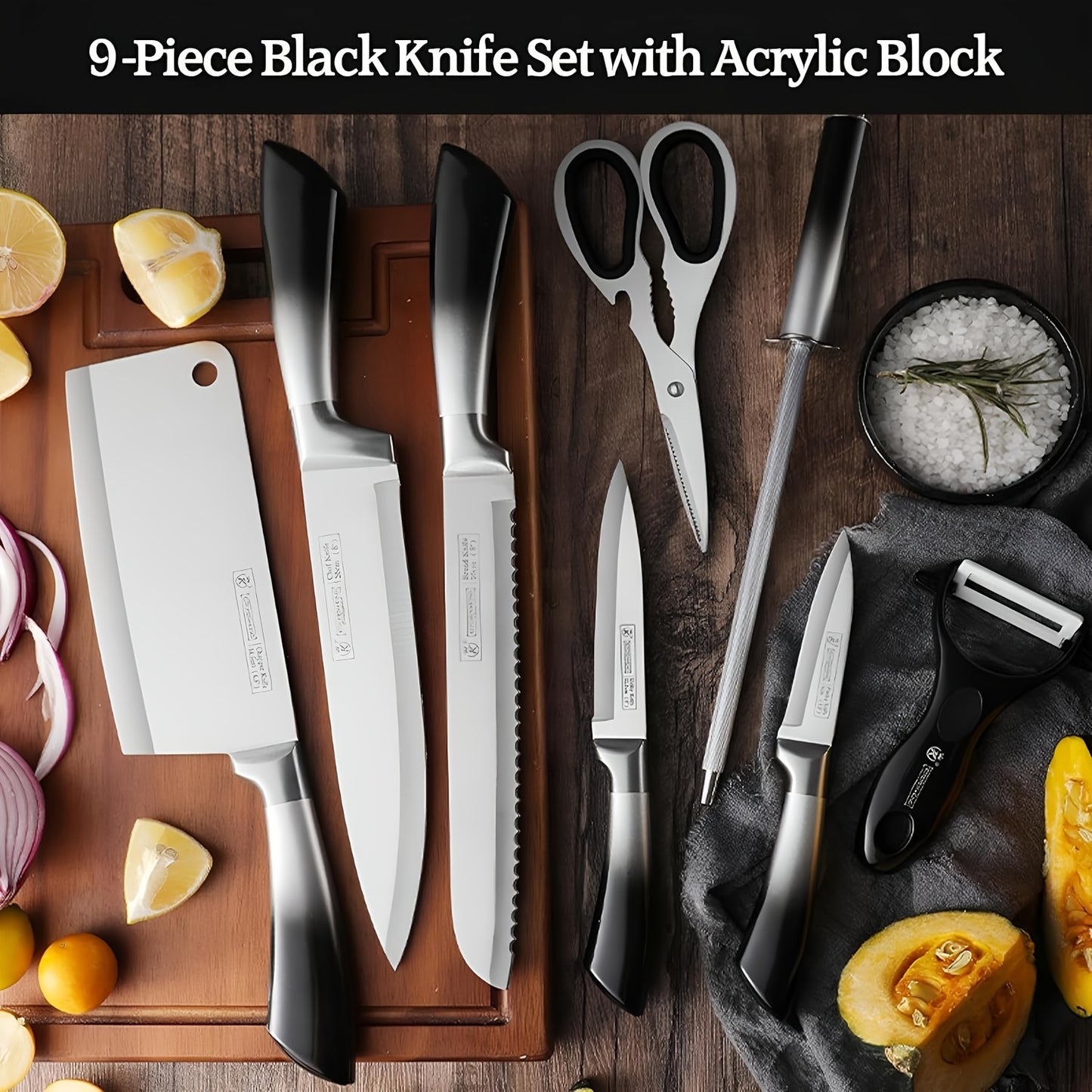 Set di 9 coltelli da cucina, realizzati in acciaio inossidabile forgiato ad alto tenore di carbonio con manici sfumati vivaci, elegante confezione regalo, perfetti come idea regalo per la casa o per le feste - Disponibili in blu, nero, rosso e viola