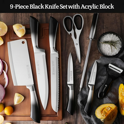 Set di 9 coltelli da cucina, realizzati in acciaio inossidabile forgiato ad alto tenore di carbonio con manici sfumati vivaci, elegante confezione regalo, perfetti come idea regalo per la casa o per le feste - Disponibili in blu, nero, rosso e viola