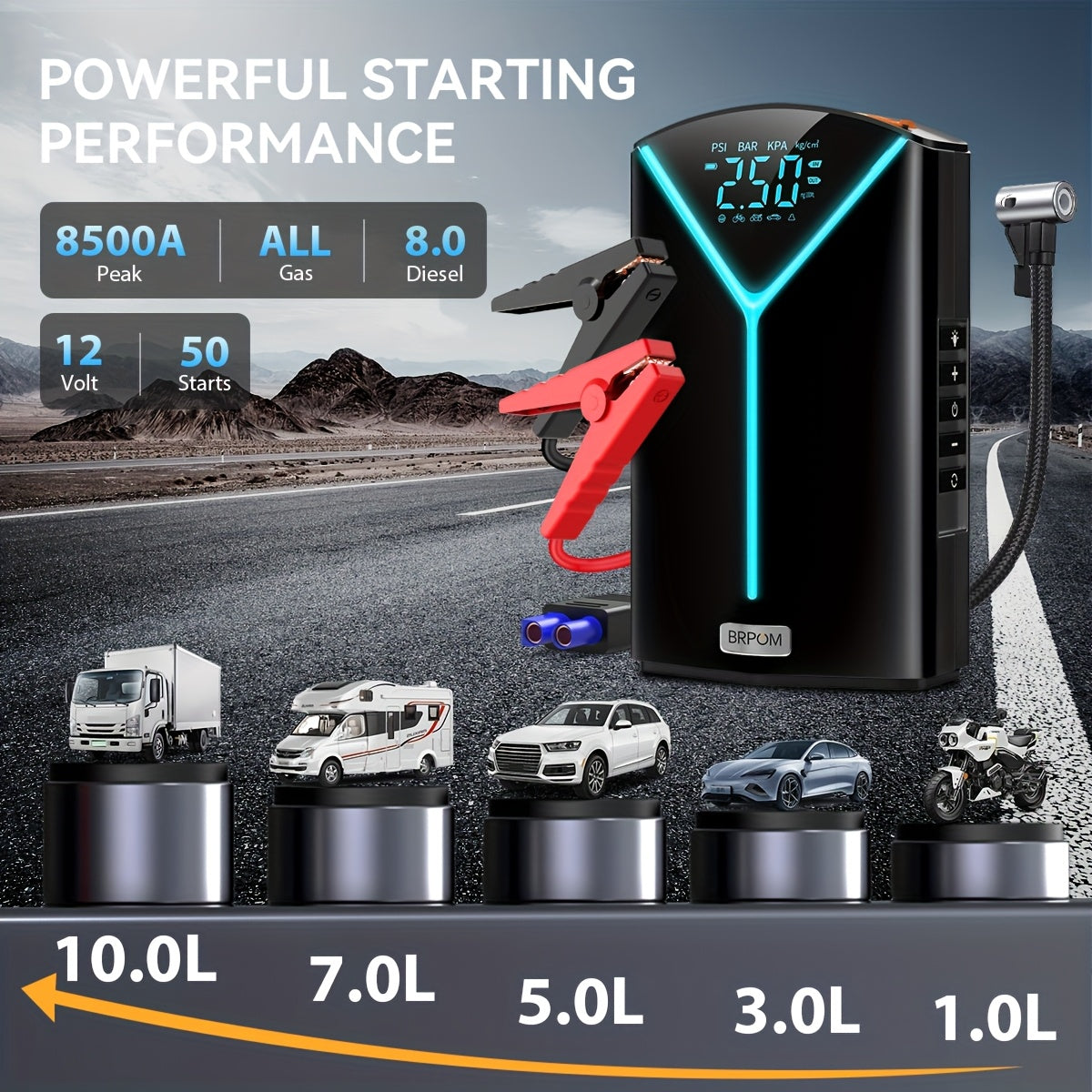 Avviatore di emergenza Power Bank con compressore d'aria da 150PSI, alimentatore per avviamento auto turbocompresso, con ampio display LCD, luce LED, avviatore a batteria con potenza di picco 8500A, adatto per benzina 8.5L e diesel 8.0L