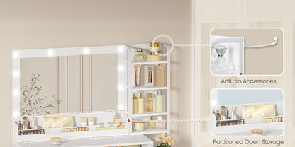 Toilette con grande specchio, con 5 cassetti, 5 scomparti aperti, spazio di archiviazione davanti allo specchio, moderna, bianca, 40 × 110 × 141 cm