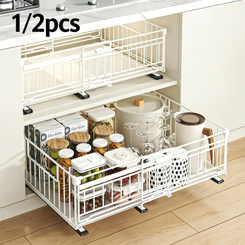 Organizzatore estraibile espandibile per armadietti, confezione da 1/2, ringhiera rialzata da 16.99 cm, larghezza regolabile da 32.99 cm a 50.98 cm, 3 guide, adesivo, non necessita di fori, stacca e incolla, cassetti estraibili adesivi per armadietti, cap
