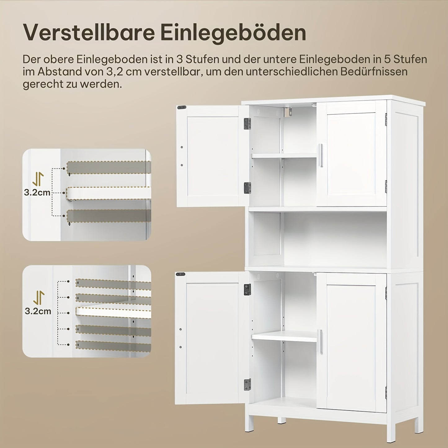 1 pz Mobiletto contenitore multifunzionale moderno e semplice, mobile per bagno, design a quattro ante + ripiano aperto, adatto per bagno/cucina/soggiorno/ufficio 60x120x30cm bianco, manufatto contenitore per la casa