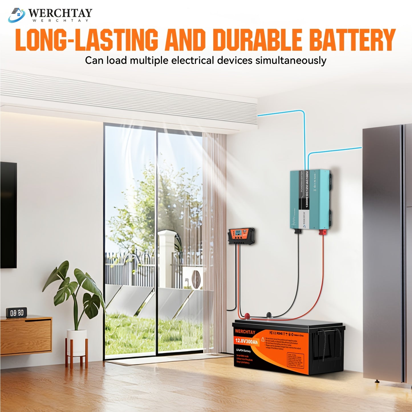 Batteria WERCHTAY 12.8V LiFePO4 300/200/100Ah, Dotata di Celle di Batteria di Grado A+, Oltre 25000 Cicli di Scarica Profonda, Protezione Intelligente BMS da Sovraccarica/Sottocarica, per Accumulo Energetico Domestico, Camper da Esterno, Applicazioni Sola