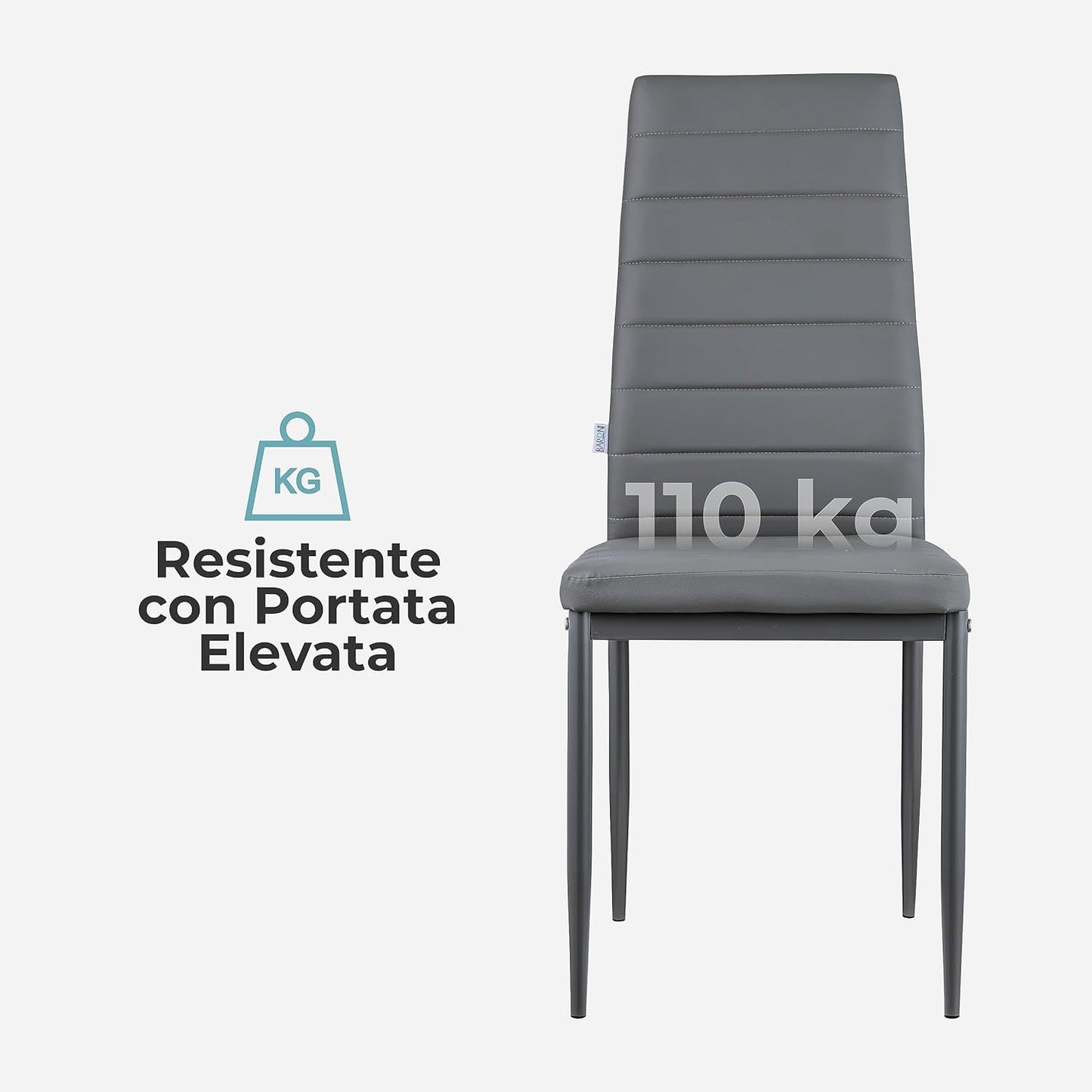 Baroni Home Set di 4 Sedie da Pranzo con Schienale Alto e Seduta Ergonomica con Cuciture Decorative, Sedie Eleganti Imbottite in Ecopelle o velluto con Struttura in Acciaio, 40X48X96 cm