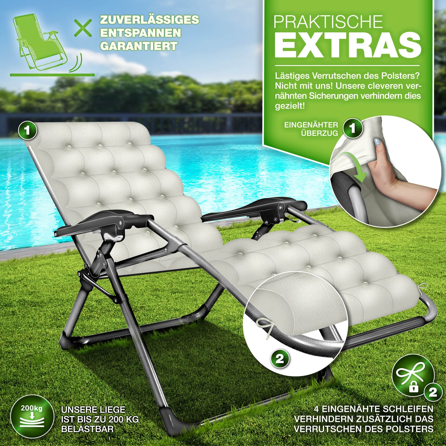 Tillvex® Poltrona Reclinabile Pieghevole Fino a 200Kg Lettino Parasole da Esterno per Giardino con Cuscino Resistente alle Intemperie Balcone, Giardino & Terrazza Lounge Esterno Regolabile con Imbottitura Spessa Poltrona Reclinabile Pieghevole Extra Larga