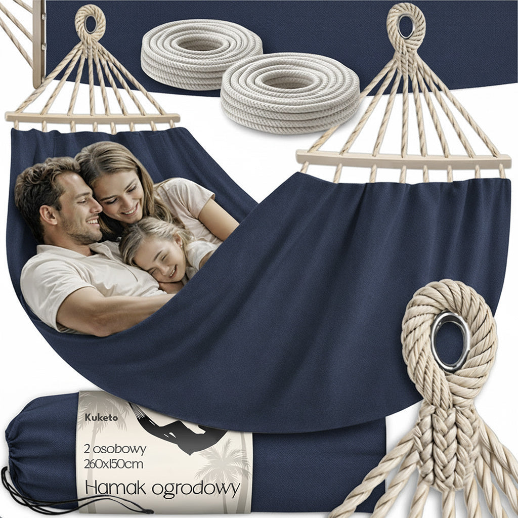 Kuketo - Amaca da giardino XXL per 2 persone 260x150 cm con asta in legno, amaca da viaggio con copertura per balcone, terrazza, giardino, orto, materiale durevole in cotone-poliestere, amaca stabile e robusta per relax, campeggio, viaggio, altalena da gi
