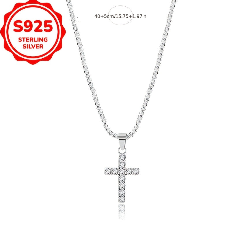Collana con ciondolo a croce lucida in argento sterling S925, catena clavicola minimalista di stile etnico alla moda per donna, che mette in risalto personalità ed eleganza