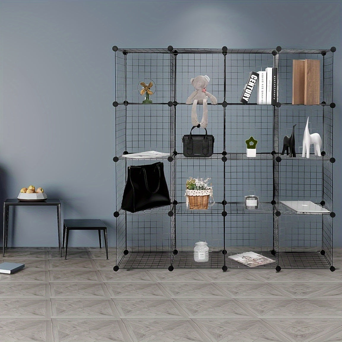 1 pezzo Scaffale Moderno, Scaffale, Design a Cubo con Ripiani Inseribili, Ripiani in Filo Regolabili Individualmente, 16 Scomparti, Realizzato in Filo Nero, Scaffale Autoportante