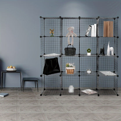 1 pezzo Scaffale Moderno, Scaffale, Design a Cubo con Ripiani Inseribili, Ripiani in Filo Regolabili Individualmente, 16 Scomparti, Realizzato in Filo Nero, Scaffale Autoportante