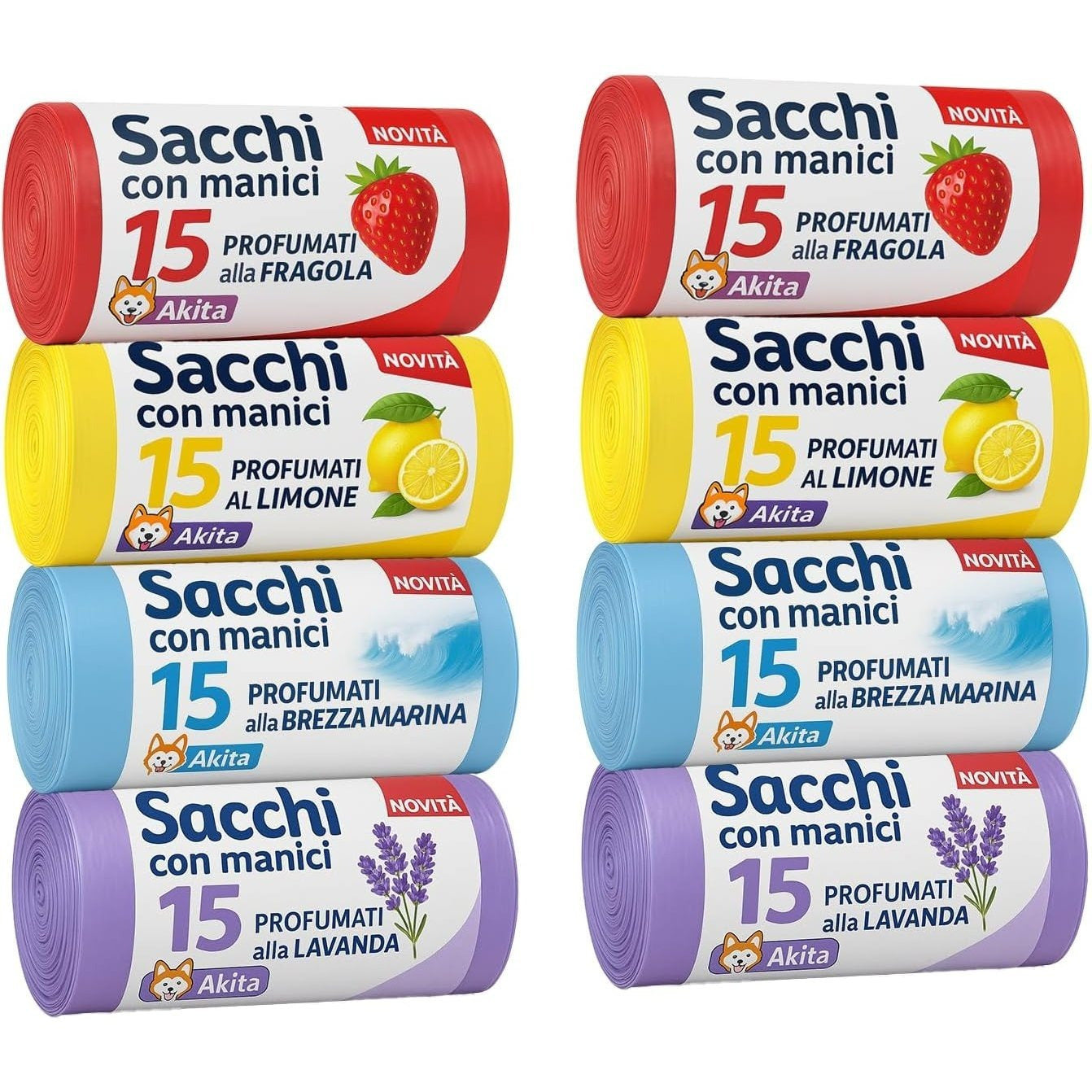 Akitaink Sacchi spazzatura Antiforo con Manici - Profumati - 120 pz da 45L | Misure 55x70cm | Vari Profumi: Brezza Marina, Fragola, Limone e Lavanda Made in Italy