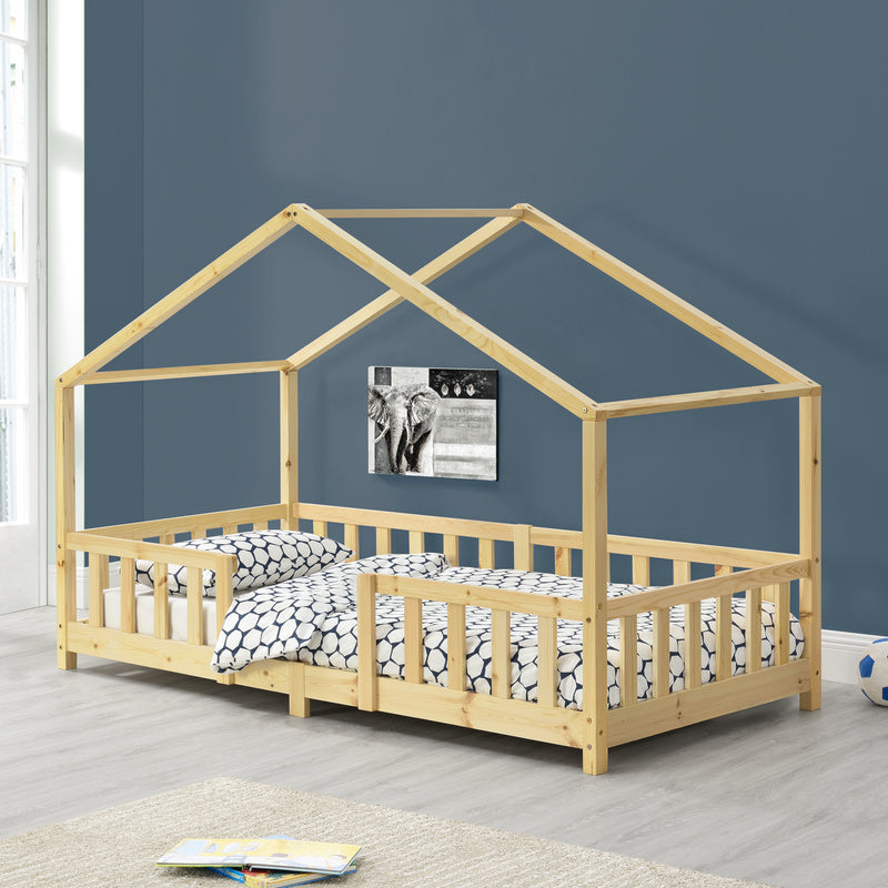 Letto per Bambini Treviolo in Stile Casa con Protezione Anticaduta in Legno di Pino