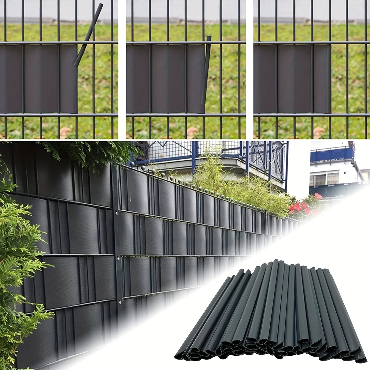 72 pezzi di strisce oscuranti in PVC con guide di fissaggio, progettate per essere utilizzate come schermatura antivento o oscurante per giardini e recinzioni, inclusi clip di fissaggio per recinzioni a doppio filo in colore antracite