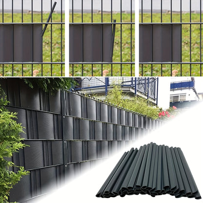 72 pezzi di strisce oscuranti in PVC con guide di fissaggio, progettate per essere utilizzate come schermatura antivento o oscurante per giardini e recinzioni, inclusi clip di fissaggio per recinzioni a doppio filo in colore antracite