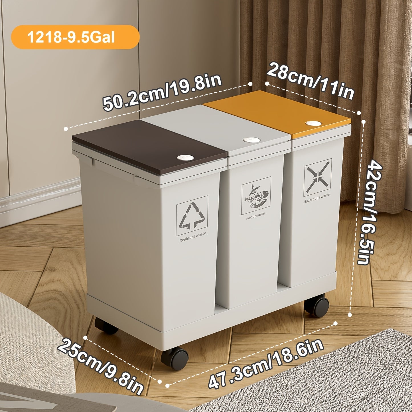 Cestino della spazzatura da cucina di grande capacità 60L/36L/24L con scomparti separati - Rotante, resistente agli odori, separazione rifiuti asciutti e bagnati, forma rettangolare, coperchi a pressione, facile da pulire, gestione rifiuti da cucina | Pla