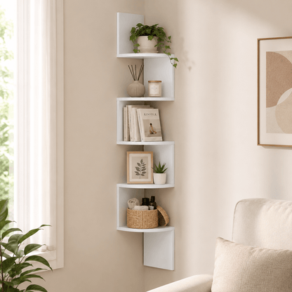 Angolare da Parete a 5 Ripiani Salvaspazio per Casa Scaffale Angolare Bianco – Mensola Angolare da Parete Flottante Zigzag, Libreria Moderna per Cucina, Camera da Letto, Soggiorno e Ufficio, Dimensioni 20 x 20 x 126 cm, Accessori per la casa