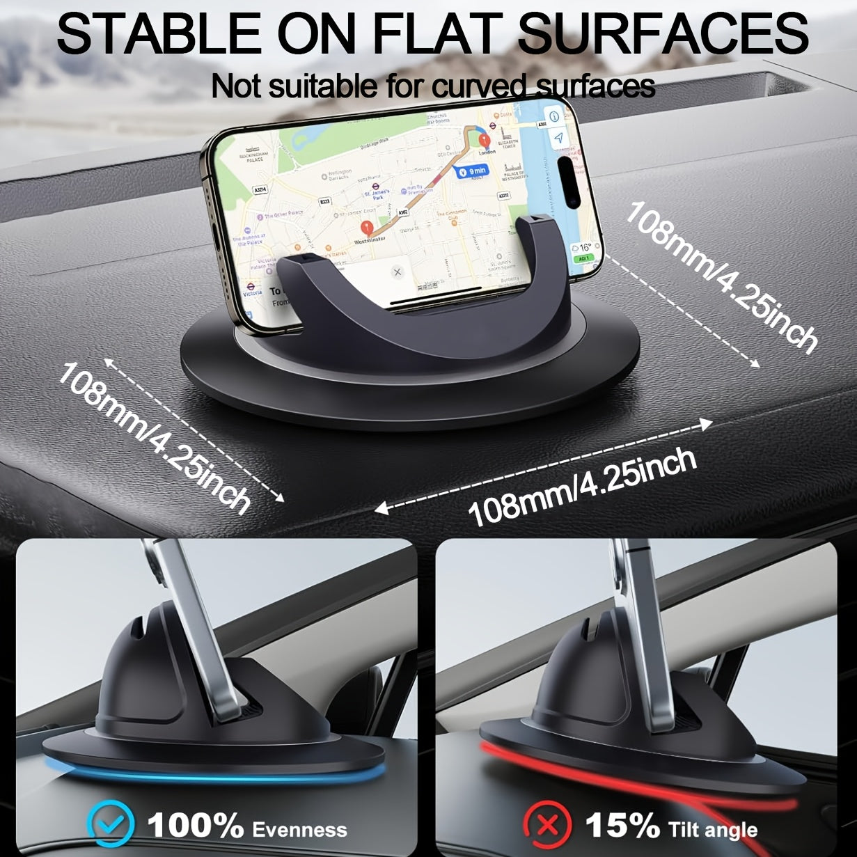 Supporto per telefono da auto, supporto per cellulare da auto, supporto per telefono da cruscotto, supporto per telefono da auto con rotazione a 360°, supporto per telefono a ventosa, tappetino per auto per cruscotti, supporto da scrivania antiscivolo per