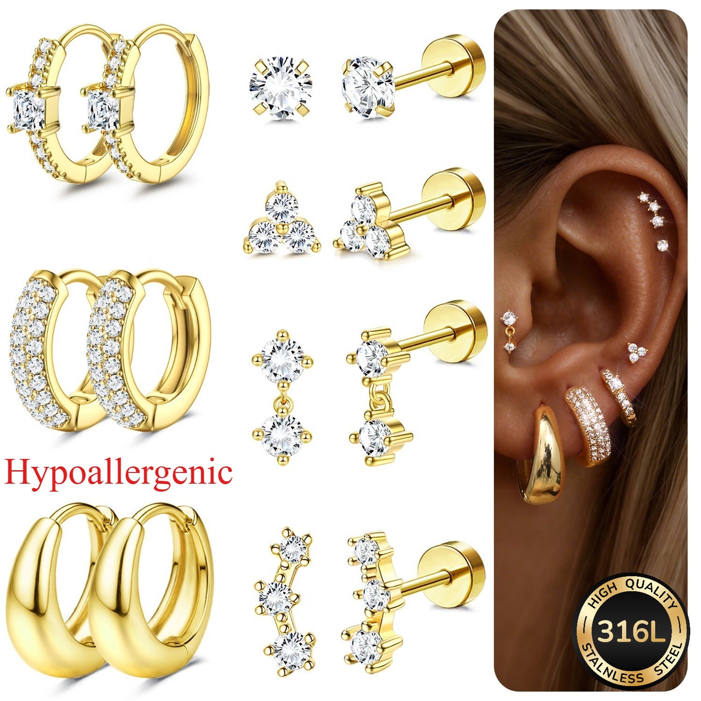 2D Flat - 7 Paia di Orecchini a Cerchio per Donna Ipoallergenici Acciaio Chirurgico 316L Orecchini a Cerchio con Retro Piatto Piccoli Orecchini a Cerchio Set di Orecchini a Tappo per Piercings Multipli