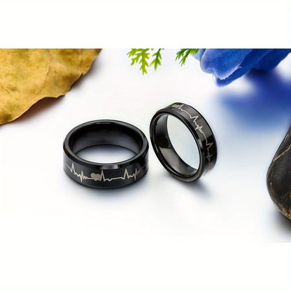 Anello di coppia JewelryWe in carburo di tungsteno con cuori e battito cardiaco, anelli per partner, anelli 'amicizia, fedi nuziali, anelli di fidanzamento, fascia, nero