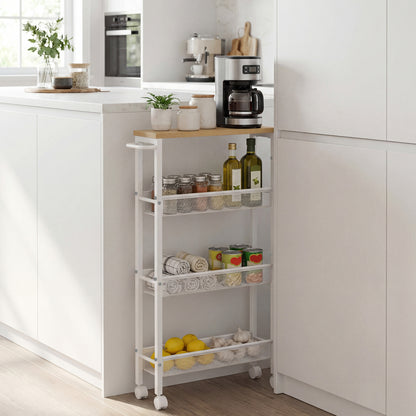 Carrello multiuso con rotelle, design sottile, si inserisce perfettamente negli spazi della cucina. Adatto per l'uso vicino alle cappe aspiranti, nei bagni e accanto ai frigoriferi.