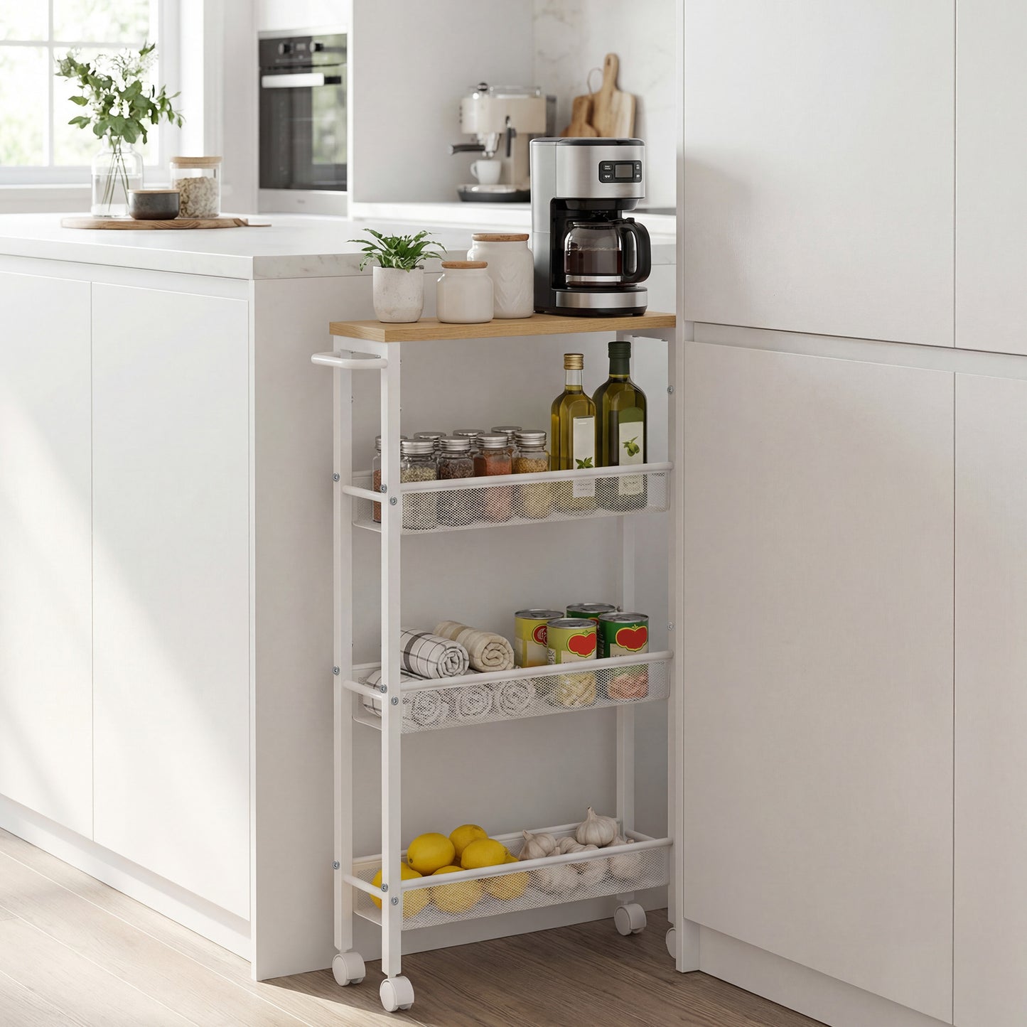 Carrello multiuso con rotelle, design sottile, si inserisce perfettamente negli spazi della cucina. Adatto per l'uso vicino alle cappe aspiranti, nei bagni e accanto ai frigoriferi.