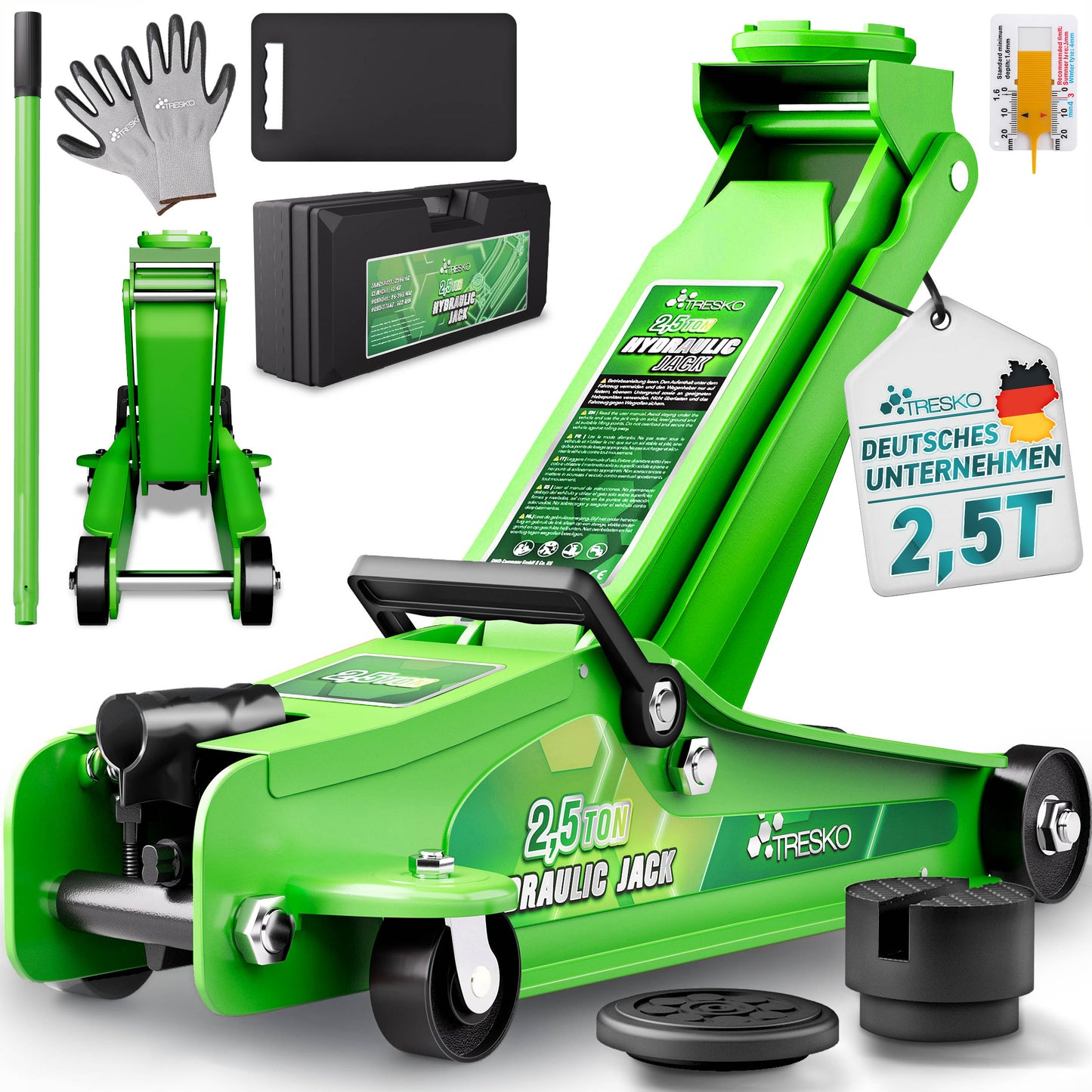 Cric idraulico per auto TRESKO® 2.5 - 3T | Cric idraulico per spostamento auto e SUV con ruote piane e a 360°, include 2 guarnizioni in gomma, tappetino protettivo, guanti
